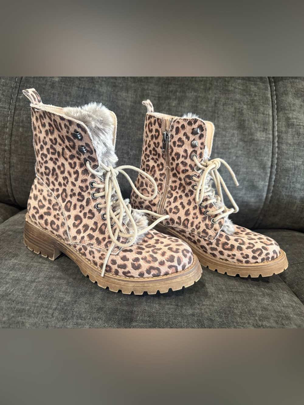 Very G Leopard Print Lace-Up Faux Fur Ankle Boots - Tan